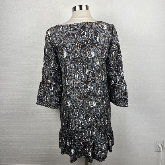 Tibi New York Dress 8 Womens Gray Print Silk 3/4 Sleeves Mini Lined Ruffle Hem - Picture 3 of 9